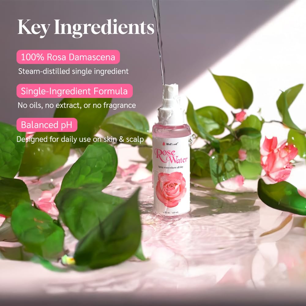 Well's Oil Rosewater Face & Hair Mist Spray (8 fl oz / 236 mL) | Floral Rosewater Hydrosol | Alcohol-Free Beauty & Personal Care Well's Oil
