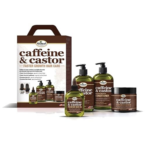 Difeel 4-PC Caffeine & Castor Faster Growth Shampoo & Conditioner Hair Care Gift Set - Includes 12oz Shampoo, 12oz Conditioner, 12oz Hair Mask & 7.1oz Beauty & Personal Care Difeel