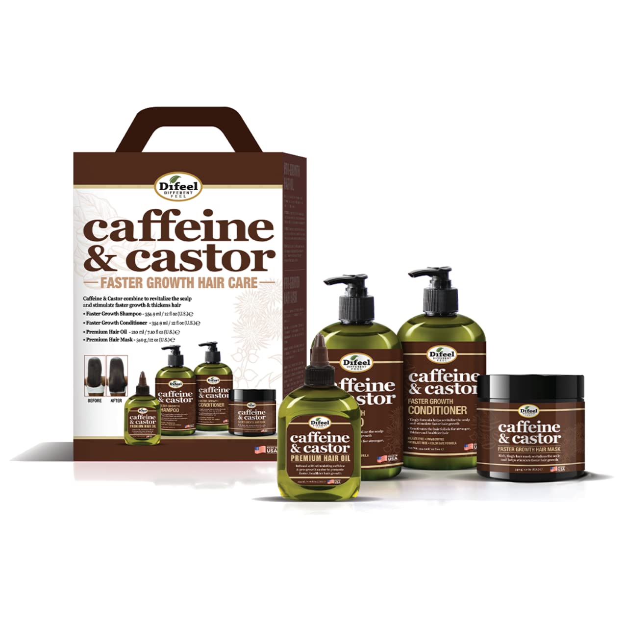 Difeel 4-PC Caffeine & Castor Faster Growth Shampoo & Conditioner Hair Care Gift Set - Includes 12oz Shampoo, 12oz Conditioner, 12oz Hair Mask & 7.1oz Beauty & Personal Care Difeel