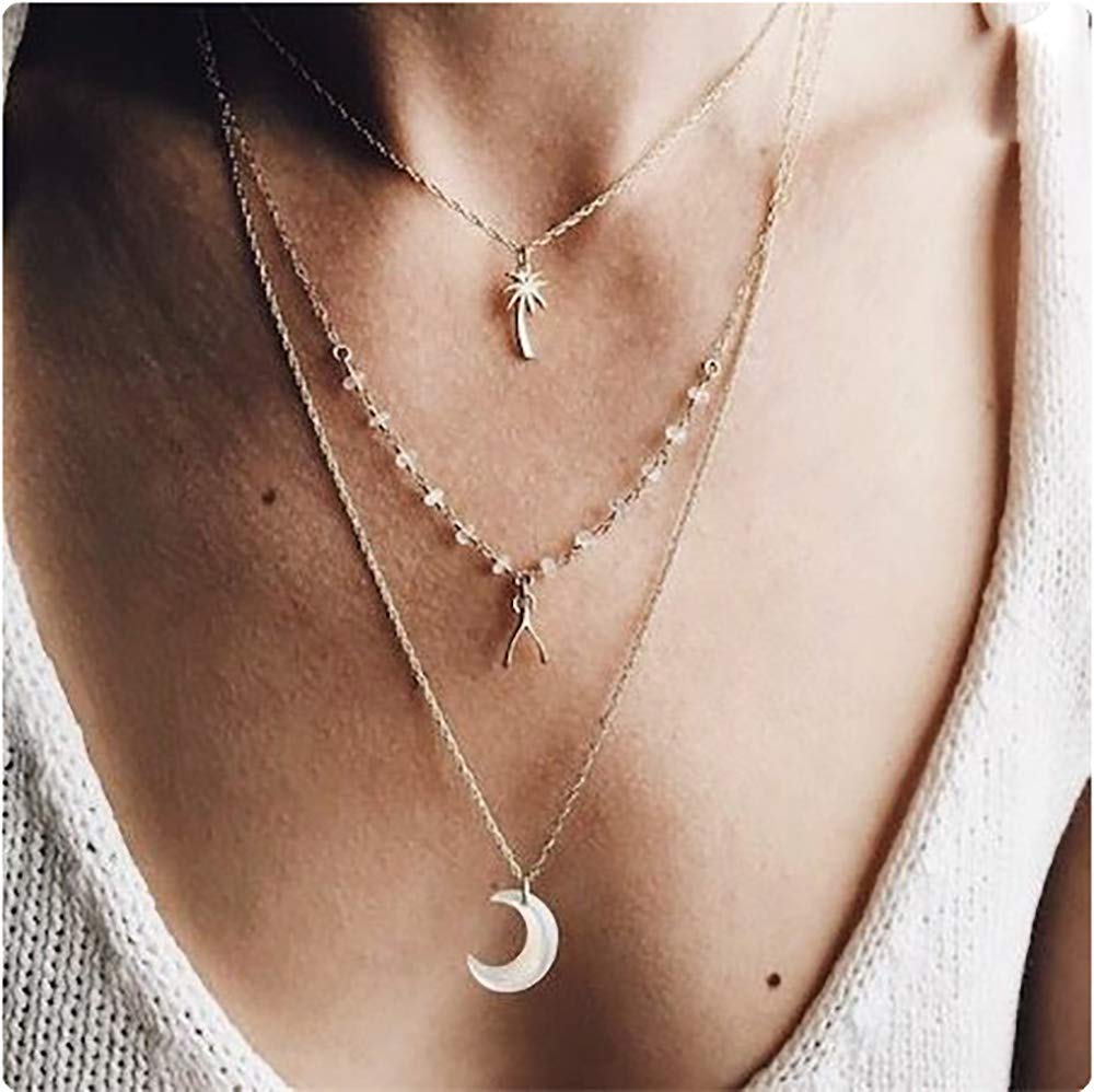 DoubleNine Boho Layered Necklace Crescent Pendant Charm Jewelry Retro Accessories for Women Girls Beauty & Personal Care Doubnine