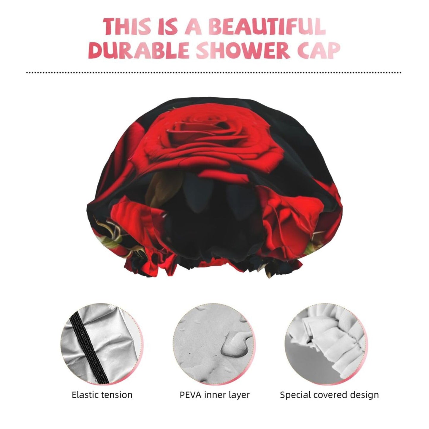 Many Red Rose Reusable Shower Cap For Women,Double Splashproof Shower Cap,Large Size For All Hair Lengths Beauty and Personal Care FRESQA