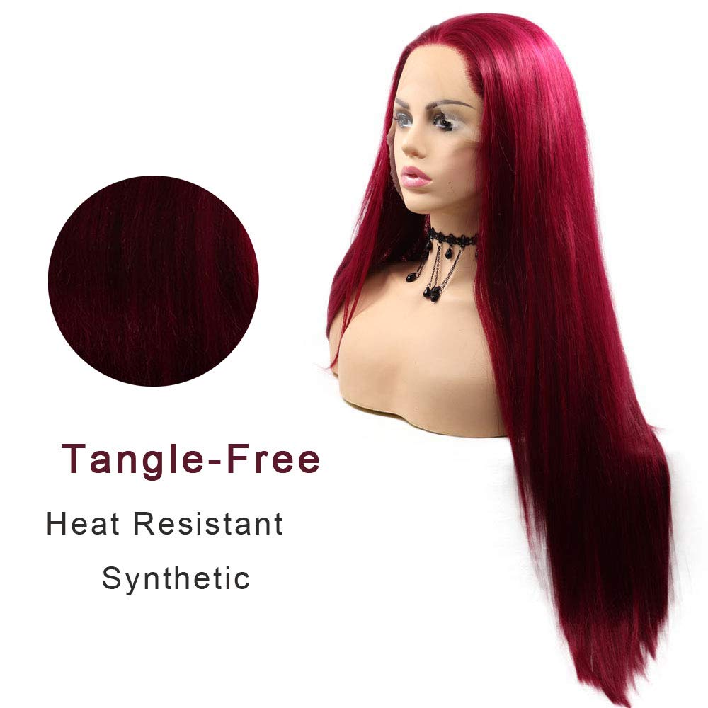 Red Wig for Women Long Burgundy Silky Straight Soft Heat Resistant Lace Front Wigs with Baby Hair Fashion Glueless Natural Hairline Synthetic Hair Wig