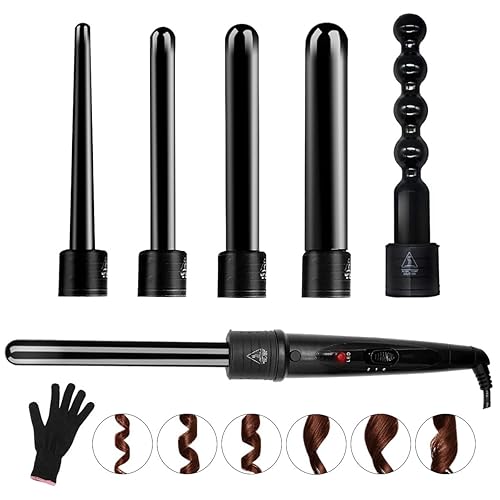 6 in 1 Curling Iron Wand Set with 6 Interchangeable Ceramic Barrels and Heat Protective Glove (Black-6in1) (Black-6) Beauty & Personal Care MENQANG