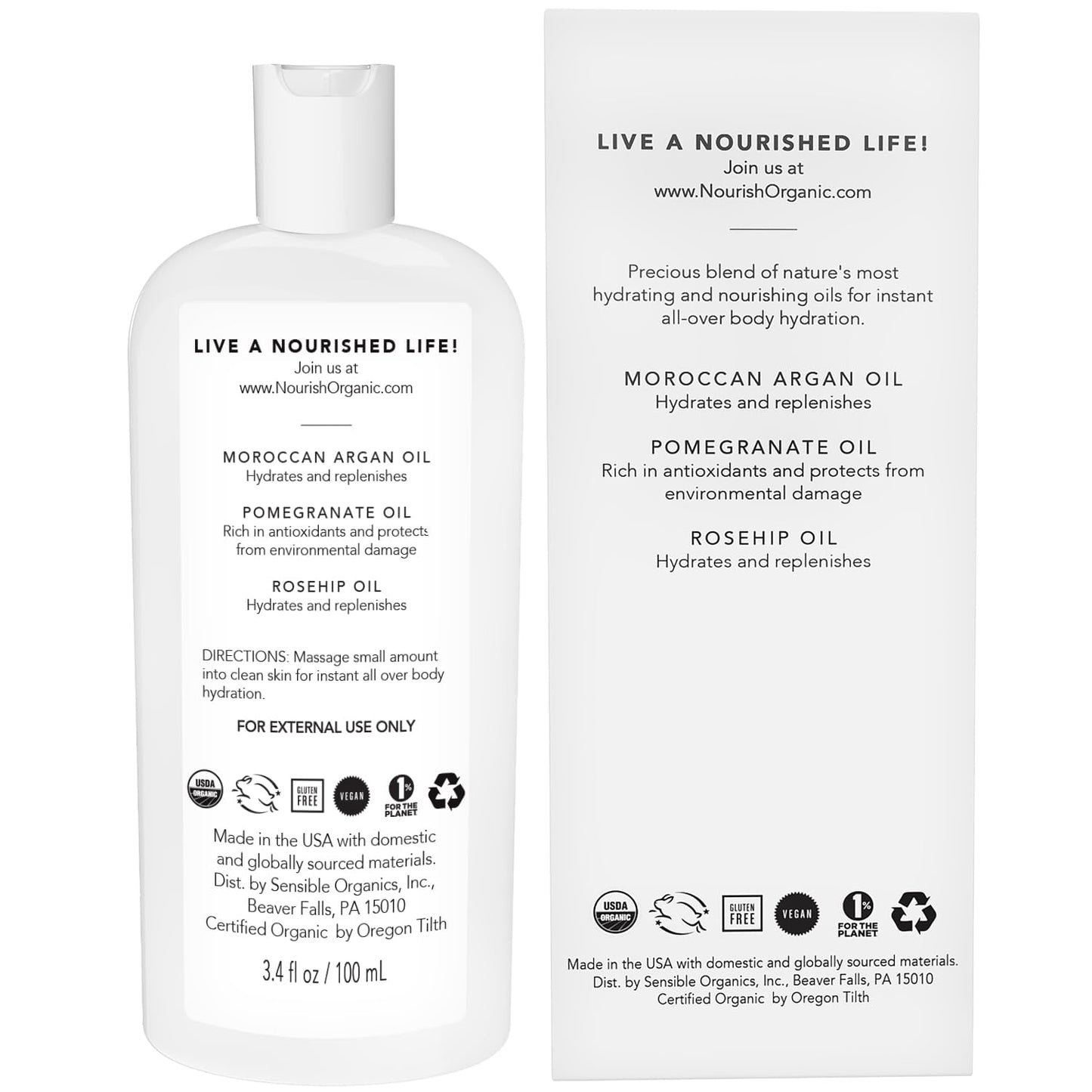 Nourish Organic Beauty Oil - Replenishing Body Oil with Moroccan Argan Oil, Pomegranate, Rosehip Oil & Vitamin E, 3.4 Oz + Washable Cotton Round. Beauty & Personal Care Nourish Organic