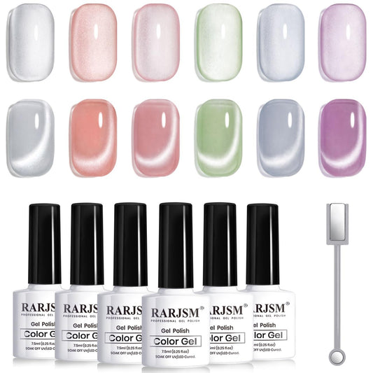 RARJSM Moonlight Cat Eye Gel Nail Polish Set 6 Pcs Smoothie Ceramic Glitter Shimmer Grape Purple Silver White Blue Green Pink Velvet Mirror Cateye Gel Beauty and Personal Care RARJSM Default Title