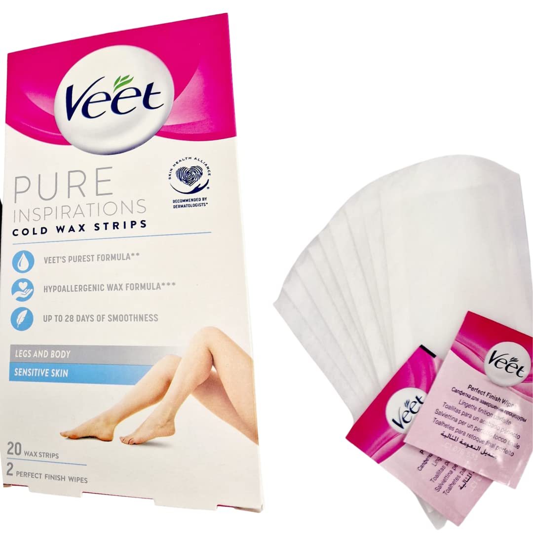 Veet Pure Cold Wax Strips, Legs & Body, Sensitive Skin, 20 Strips, 2 Finish Wipes, Hair Removal, Removes Hair From Root, 28 Days Smoothness Beauty and Personal Care Veet