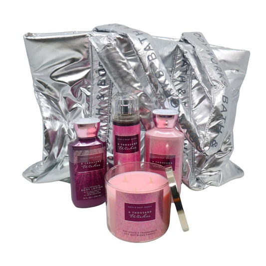 Bath & Body Works A THOUSAND WISHES Deluxe 4pc Gift Set with a Silver Bag - Body Lotion, Body Wash, Fine Fragrance Mist, and 3-wick Candle Beauty and Personal Care Bath & Body Works