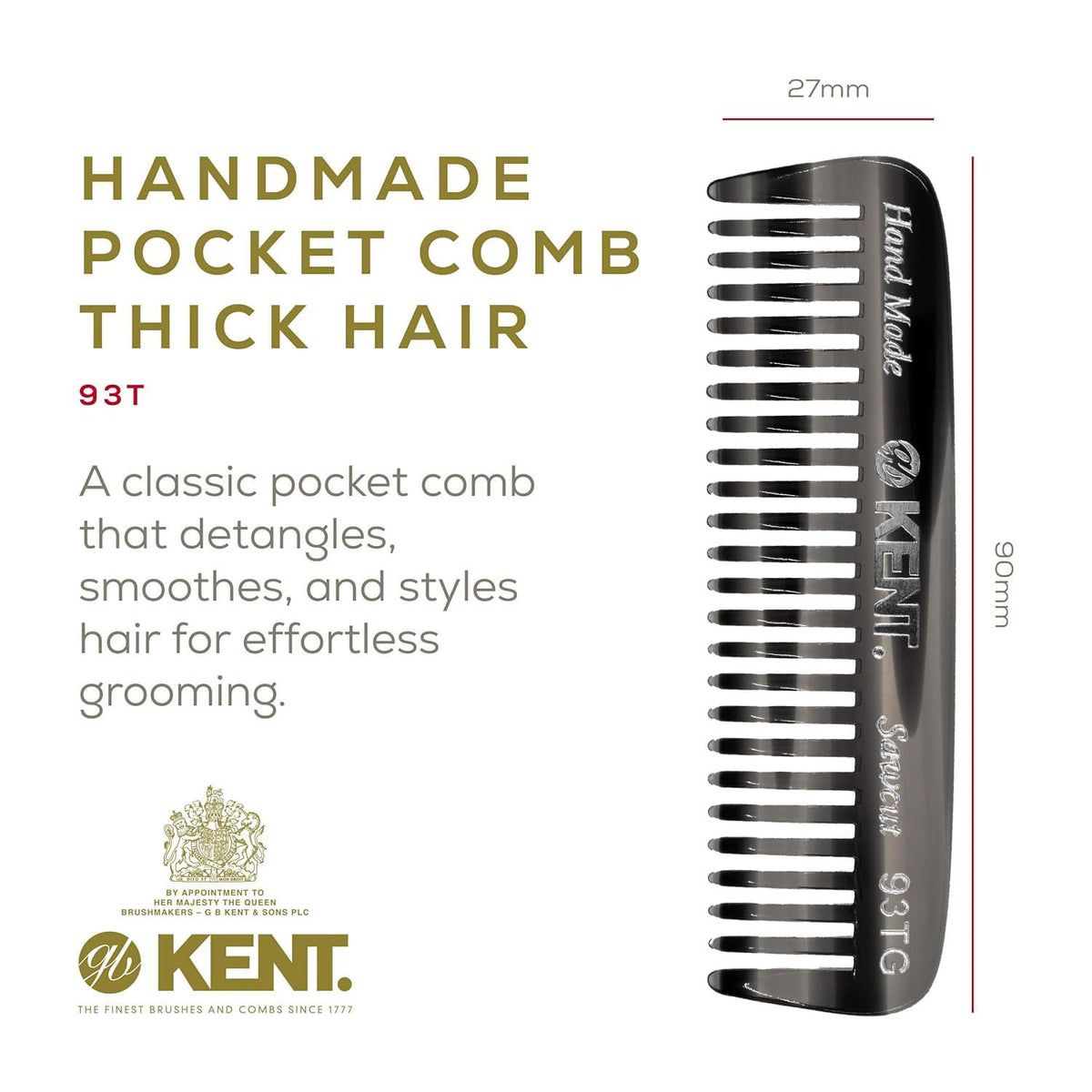 Kent 93T Black Graphite Beard Comb for Men - Wide Tooth Men's Comb, Ideal For Mustaches and Beards and Facial Hair, Small Pocket Sized Travel