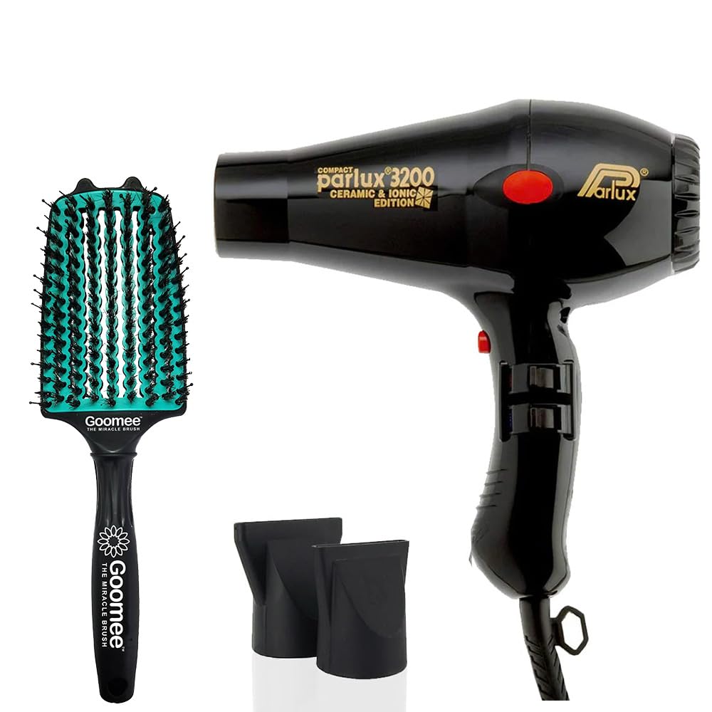 Parlux 3200 Compact Ceramic and Ionic Black Hair Dryer and Miracle Large Detangling Brush Mint Green Nylon Boar Bristles Beauty & Personal Care M Hair Designs