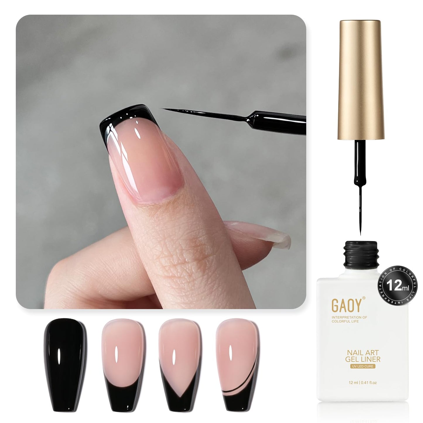 GAOY Black Swirl Gel Nail Polish Art Liner, 12ml Classic Color Nail Paint Design with Thin Brush, UV Light Cure for DIY French Manicure at Home Beauty and Personal Care GAOY Default Title