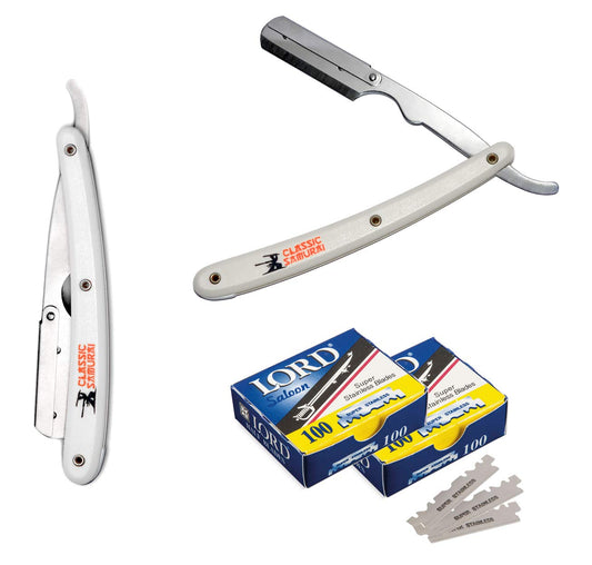 Classic Samurai Stainless Steel Professional Barber Folding Straight Edge Razor with 200 Count Lord Single Razor Blades (White) Beauty and Personal Care Classic Samurai