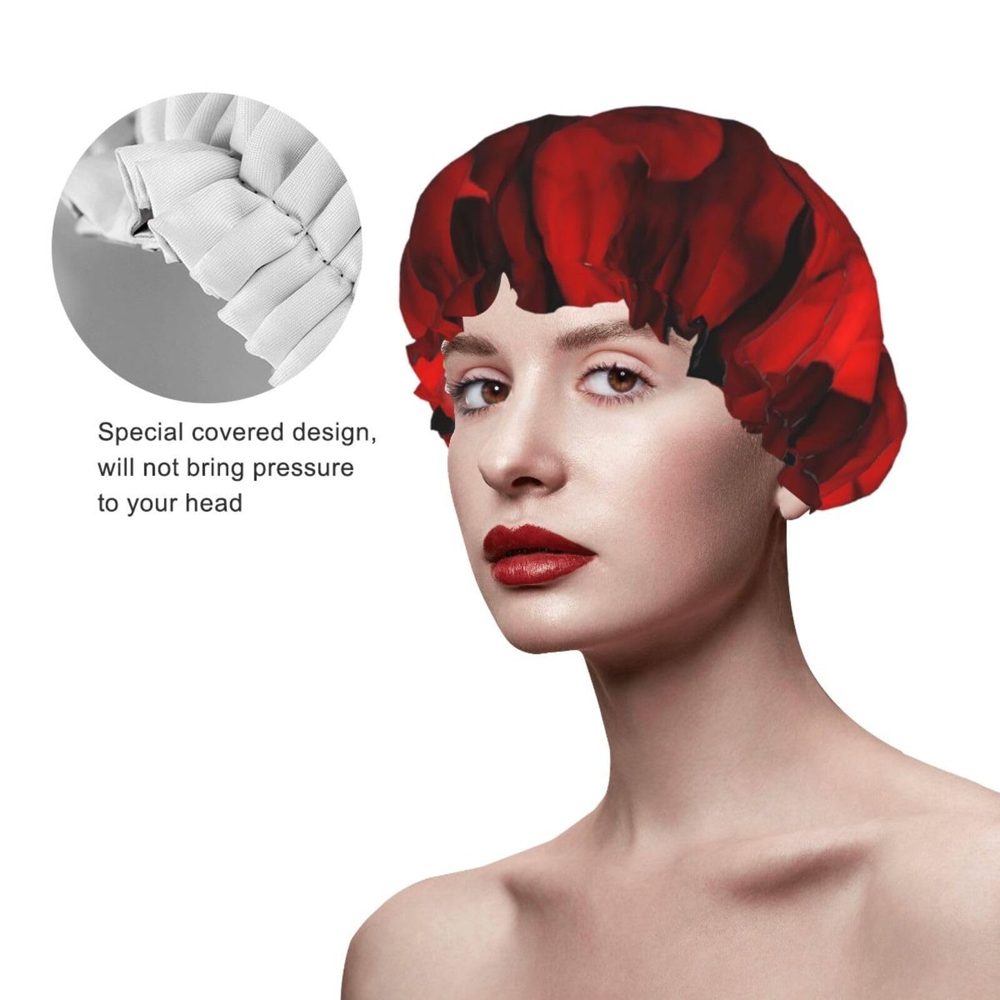 Red Flower on Black Shower Cap for Women Men Large Reusable Shower Bonnet Double-Layer Waterproof Bath Caps Elastic Band Hair Hat for All Hairstyles Beauty and Personal Care BWLHJKE