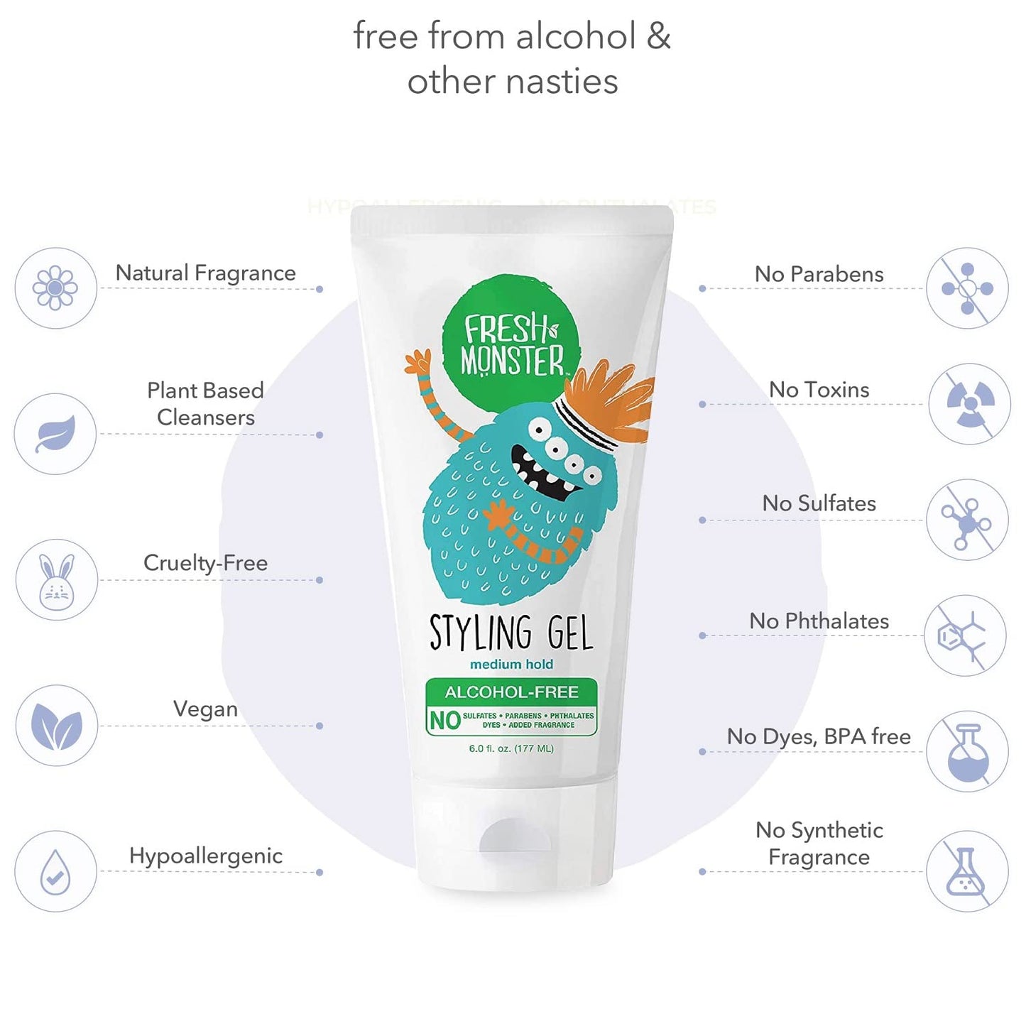 Fresh Monster Kids Hair Styling Gel, Medium Hold Alcohol-Free, Natural Hair Gel for Kids & Toddlers (6oz.) Beauty & Personal Care Fresh Monster