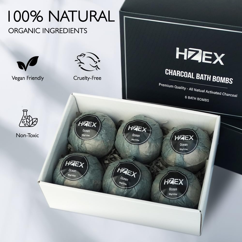 HZEX Charcoal Activated Bath Bombs for Men - Detox with Handmade Organic 6 Pack Bath Bomb Set, up to 3 Scents (Sandalwood, Bergamot, Ocean) Beauty and Personal Care HZEX