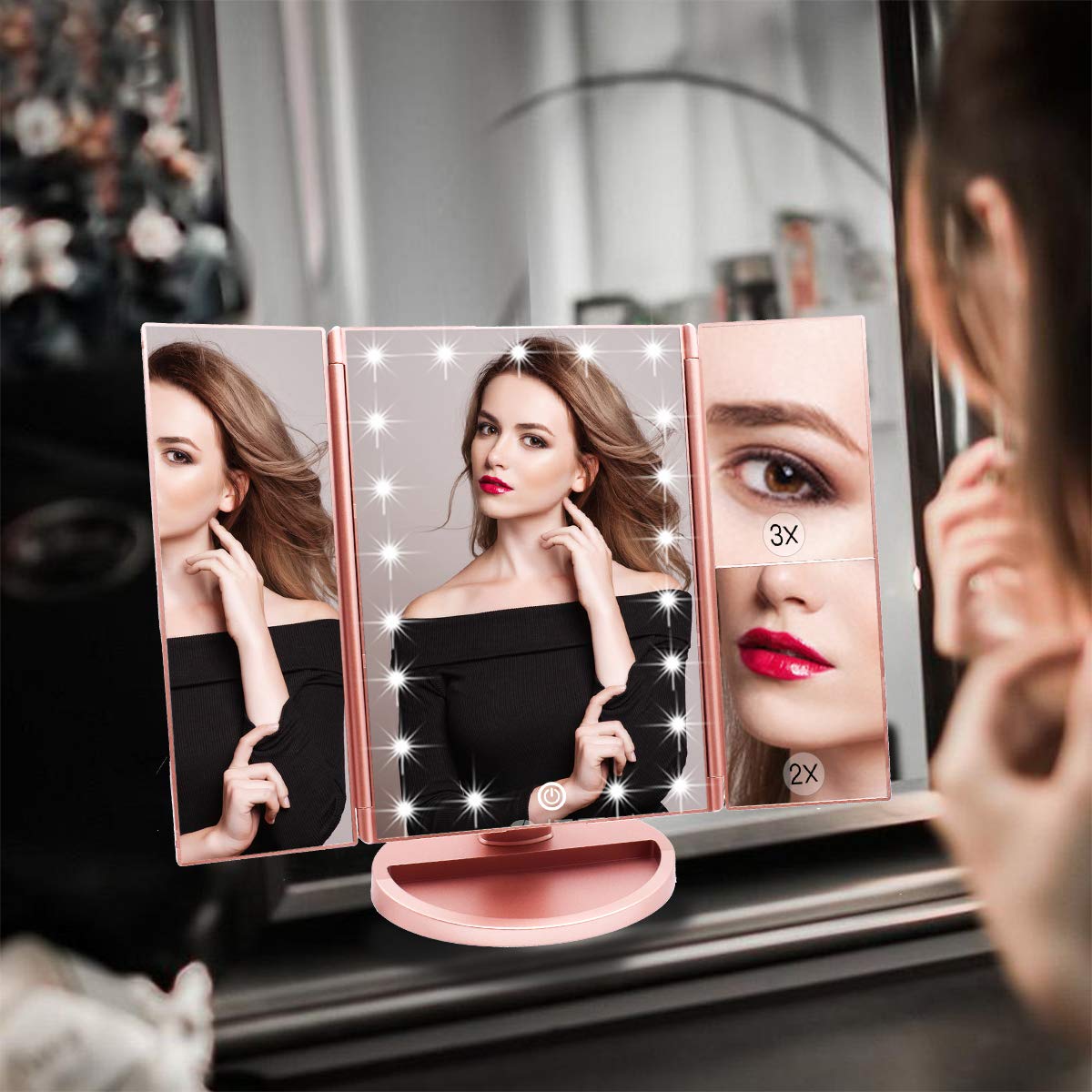 WEILY Makeup Mirror with 21 LED Lights,Two Power Supply, Touch Screen and 1x/2x/3x Magnification Tri-Fold Vanity Mirror for Makeup Desk(Rose Gold) Beauty & Personal Care WEILY