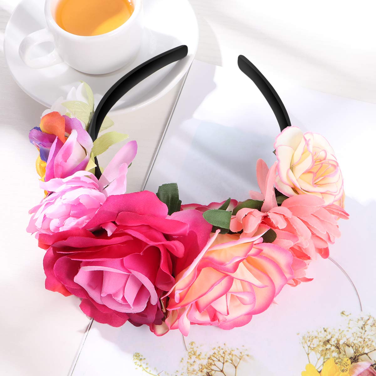 Amosfun Mexican Flower Headband Rose Flower Crown Wedding Headband Headdress for Halloween Masquerade Party Cosplay Headdress