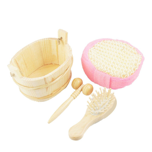 Ruilogod Wooden Bucket Pink Sponge Bath Scrubber Shower Puff Facial Cleaning Set (id: cd4 a21 e35 943 074 Beauty and Personal Care Ruilogod