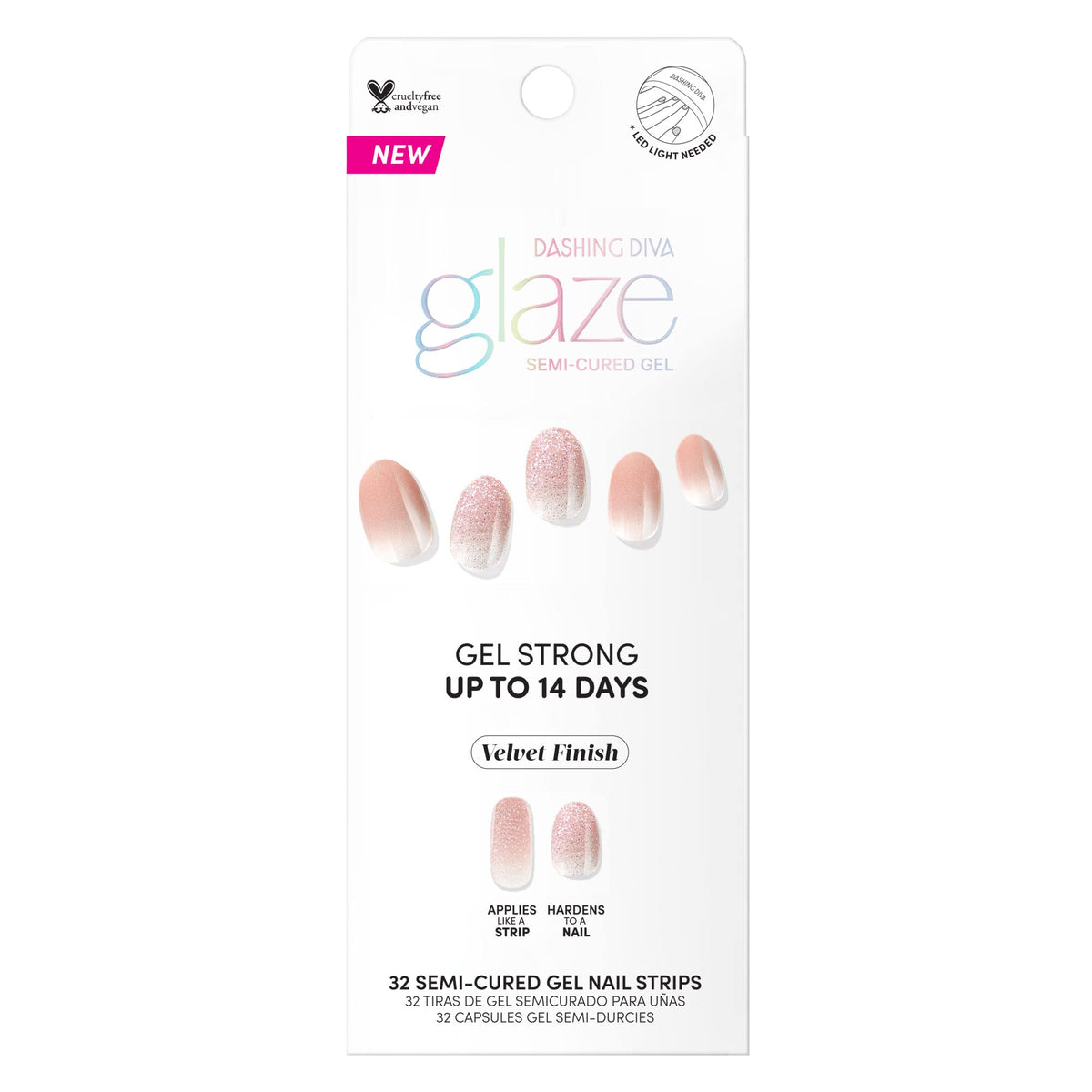 Dashing Diva Glaze Nail Strips - Velvet Blush | Long Lasting, Chip Resistant, Semi-Cured Gel Nails | 34 Salon Quality Nude Ombre Set