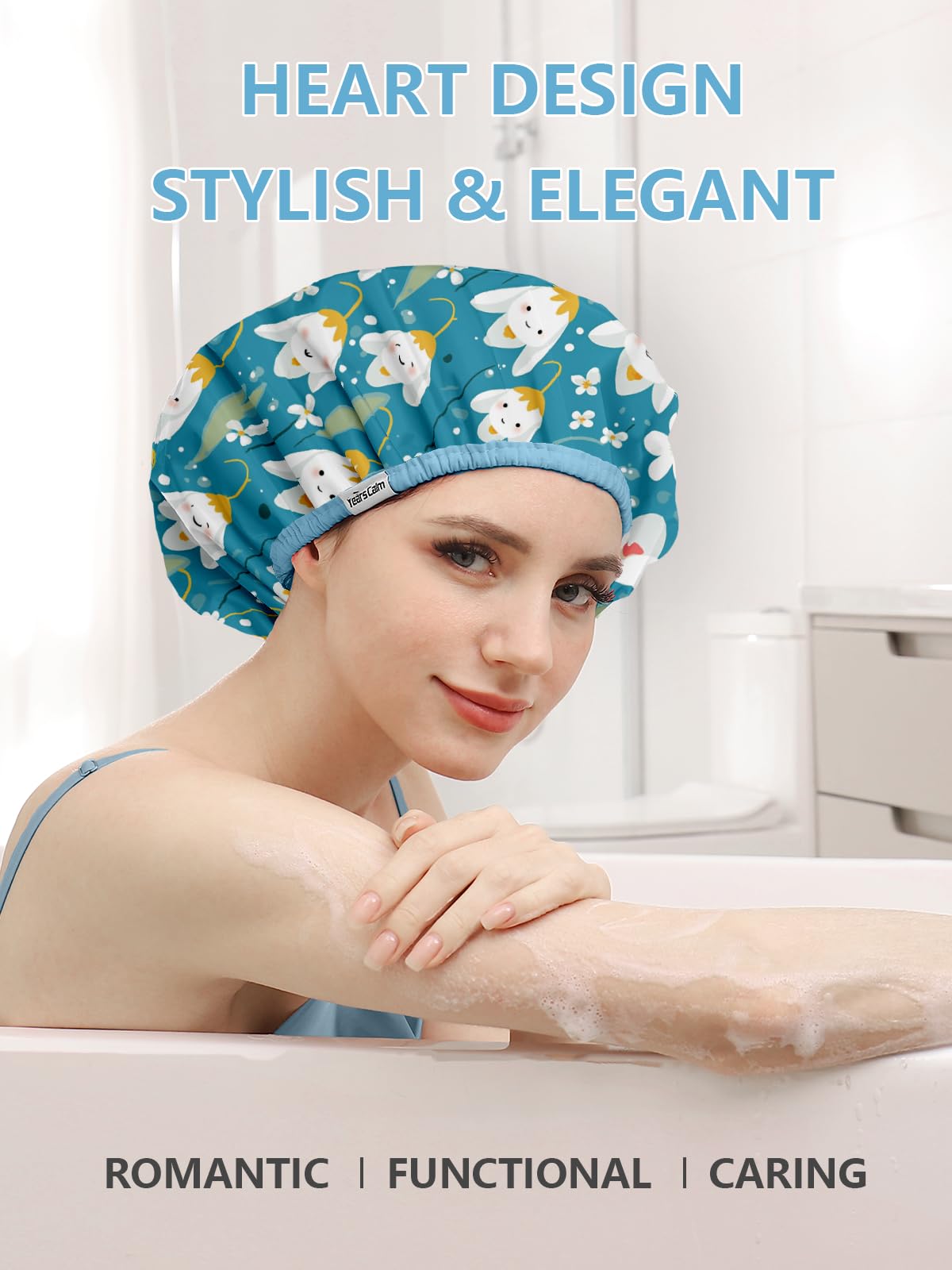 Years calm Shower Caps for Women Reusable Waterproof, Double Layer Waterproof Fabric - Both Sides Usable, Reversible Pattern & Solid Color Design Beauty and Personal Care Years calm
