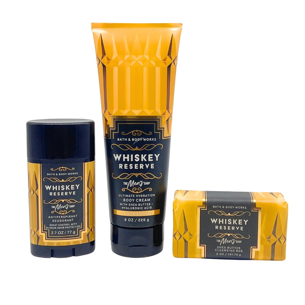 Bath & Body Works WHISKEY RESERVE Men’s Collection Body Cream, Shea Butter Cleansing Bar, and Antiperspirant Deodorant 3pc Gift Set with 30-inch Gold Beauty and Personal Care Bath & Body Works
