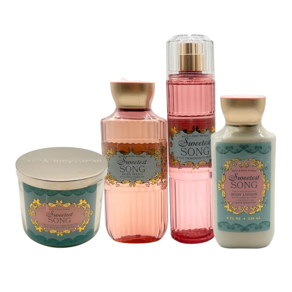 Bath & Body Works SWEETEST SONG 4-piece Deluxe Gift Set - Fine Fragrance Mist, Body Wash, Body Lotion & 3-wick Scented Candle with Pink Tote Bag Beauty and Personal Care Bath & Body Works