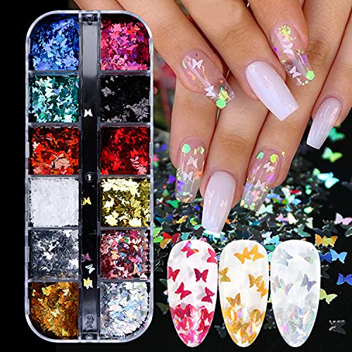 12 Colors Butterfly Nail Art Stickers Butterflies Nail Glitter Sequins 3D Art Accessories Butterfly Shape Flakes Powder Holographic Gold Red Pink Beauty & Personal Care TBRZTR