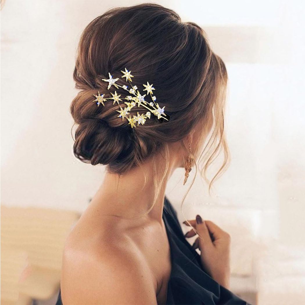 BARTOSI Star Hair Clips Gold Rhinestone Hair Barrettes Bride Wedding Hair Pieces Celestial Hair Accessories for Women and Girls (Pack of 2) Beauty & Personal Care BARTOSI
