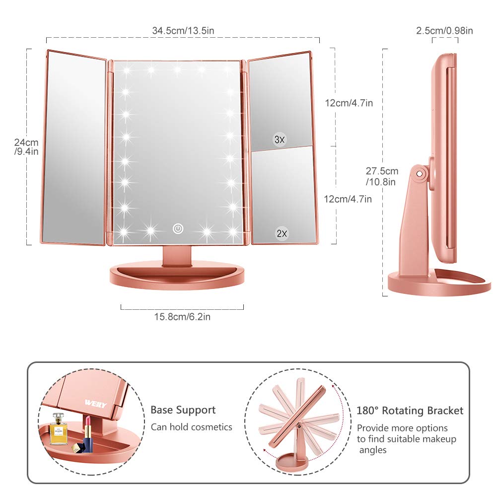 WEILY Makeup Mirror with 21 LED Lights,Two Power Supply, Touch Screen and 1x/2x/3x Magnification Tri-Fold Vanity Mirror for Makeup Desk(Rose Gold) Beauty & Personal Care WEILY