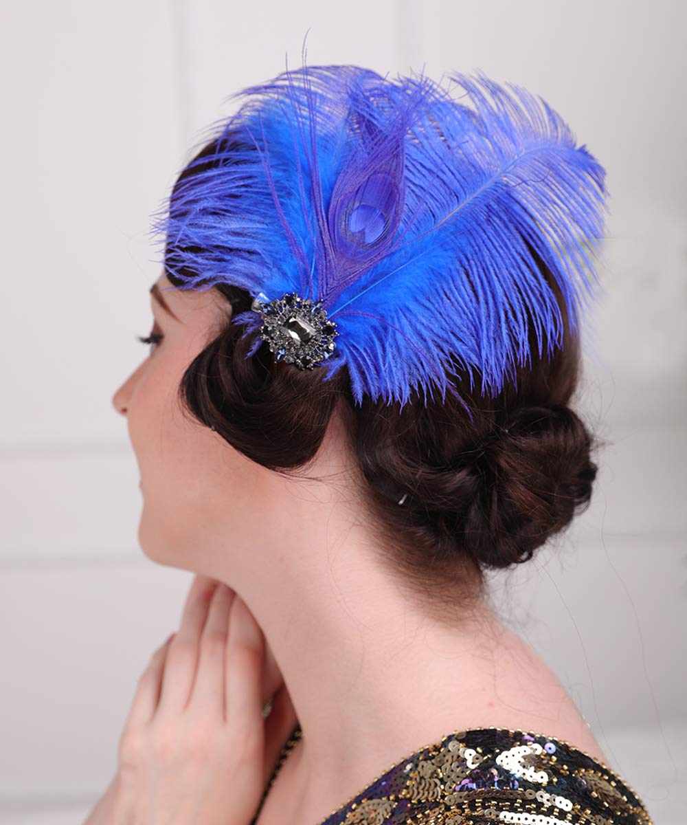 Aimimier 1920s Headpiece Flapper Royal Blue Feather Hair Clip Crystal Roaring 20s Prom Party Festival Hair Accessories for Women Beauty & Personal Care Aimimier