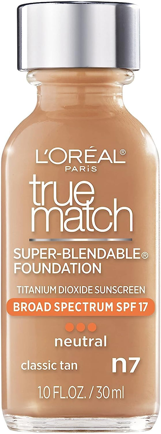 L'Oreal Paris Makeup True Match Super-Blendable Liquid Foundation, Classic Tan N7, 1 Fl Oz,1 Count