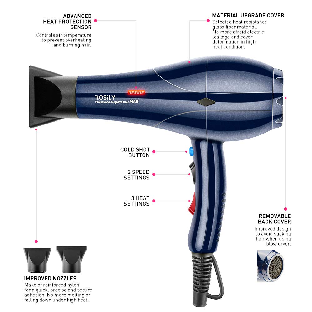 ROSILY Professional 2200W Ionic Ceramic Hair Dryer | Fast Drying Salon Quality Blow Dryer with Nozzle Attachments for Smooth Shine and Silky Hair | Beauty & Personal Care ROSiLY