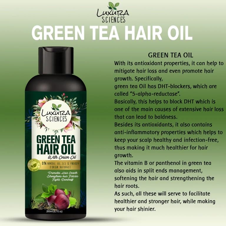 Luxura Sciences Green Tea Oil for Hair Growth | Controls Dandruff & Hair Loss | Root Strengthening Oil | Makes Hair Soft, Shiny & Thick | 6.76 Fl Beauty & Personal Care Luxura Sciences