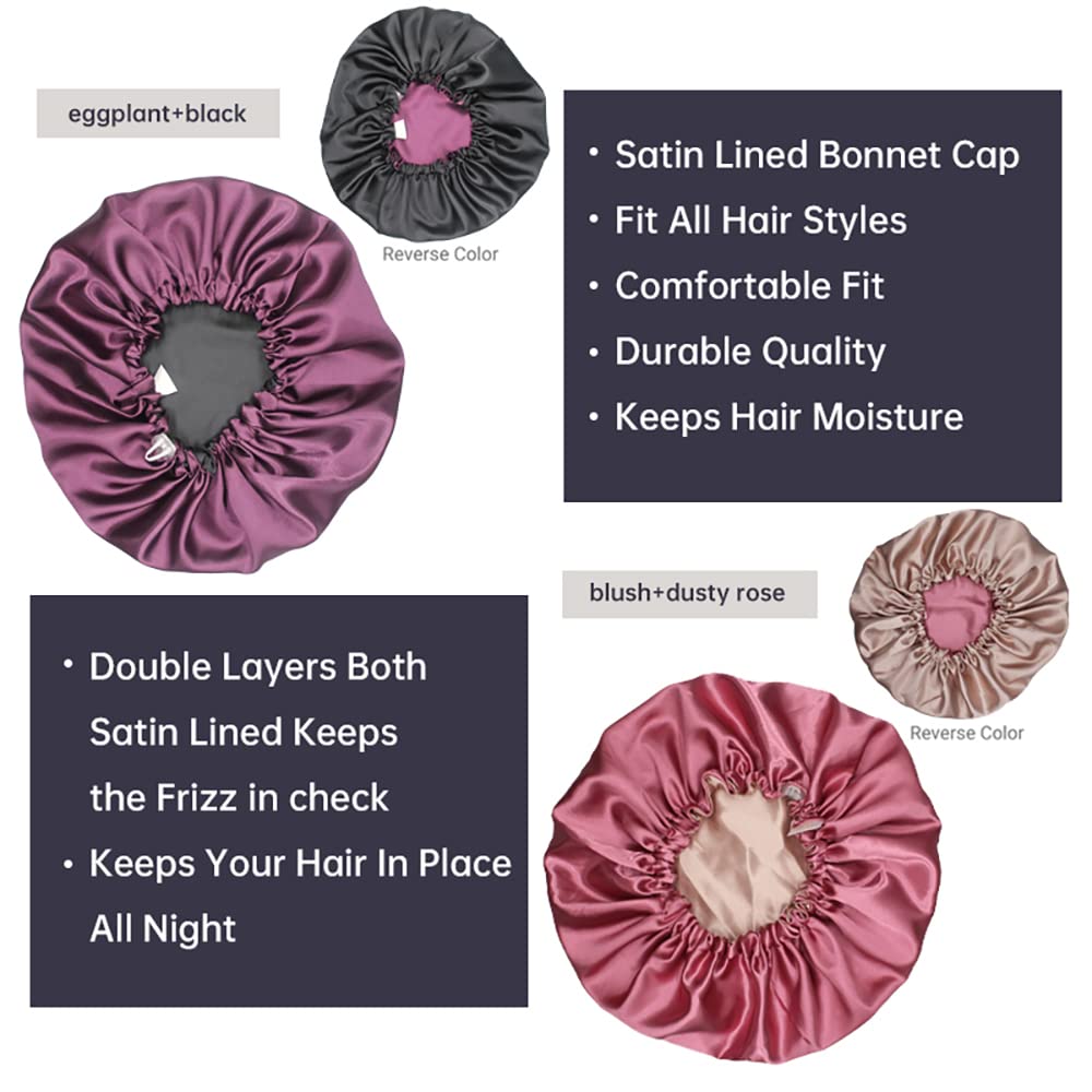 Satin Sleep Cap, Adjustable Satin Cap, Silk Bonnet, Reusable Bath Hair Cap for Night Sleeping Reversible Double Layer 2 Pack (Eggplant + Blush) Beauty & Personal Care Hanbertti