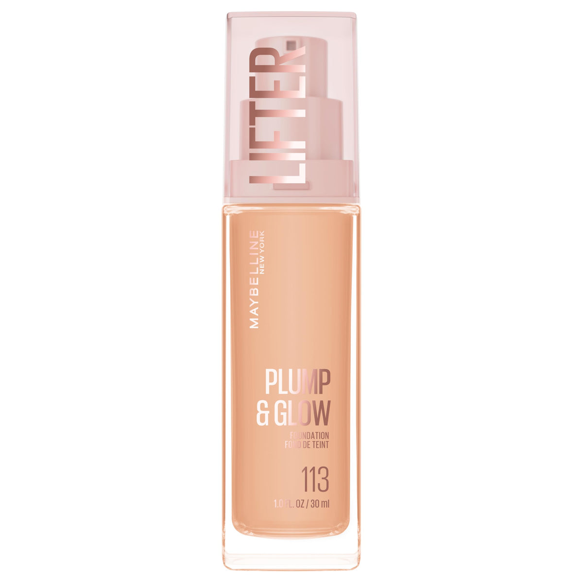 Maybelline Lifter Plump & Glow Foundation, Liquid Foundation with 2% Niacinamide + Hyaluronic Acid, Plumping and Brightening Face Makeup, 113, 1 Count