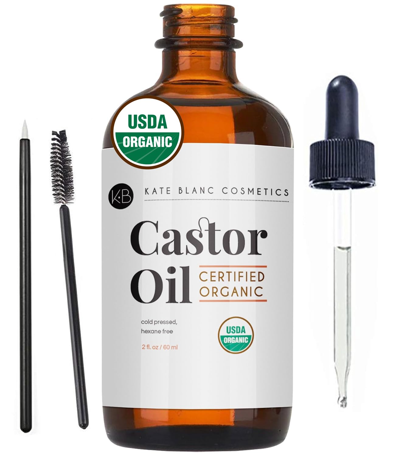 Kate Blanc Cosmetics Castor Oil Organic for Hair, Lashes, Face (2oz), 100% Pure, Cold Pressed, Hexane Free. Eyelash Serum for Thicker-Looking Eyelashes & Eyebrows Beauty & Personal Care Kate Blanc Cosmetics