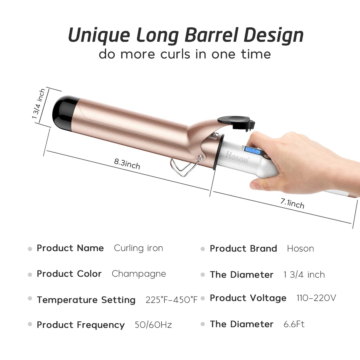 Hoson 1 3/4 Inch Curling Iron Large Barrel, 1.75 Long Barrel Curling Wand Dual Voltage, Ceramic Tourmaline Coating with LCD Display, Glove Include Beauty and Personal Care Hoson