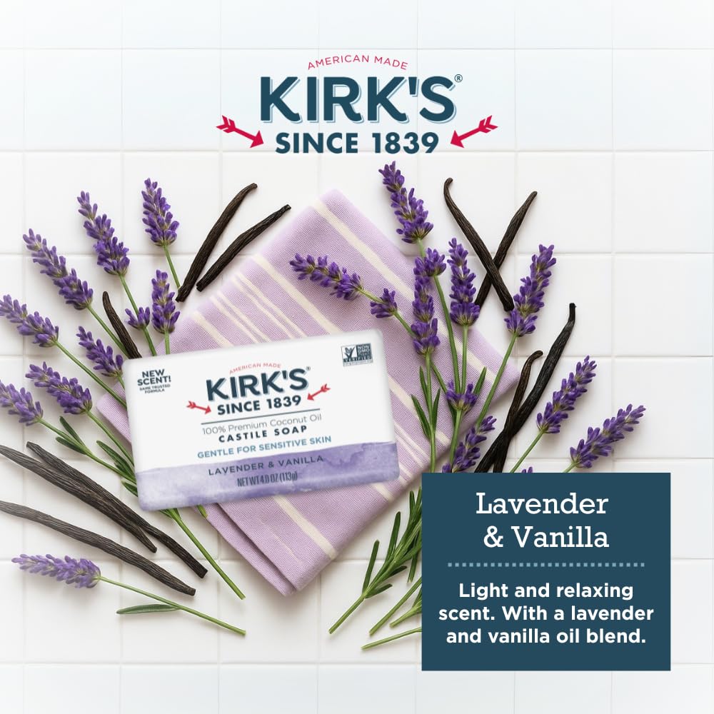 Kirk's Castile Bar Soap, Lavender & Vanilla - Clinically Tested, Safe for Sensitive Skin with Coconut Oil, Vegan and Non-GMO - 4 oz Bars, 6 Pack Beauty & Personal Care Kirk's