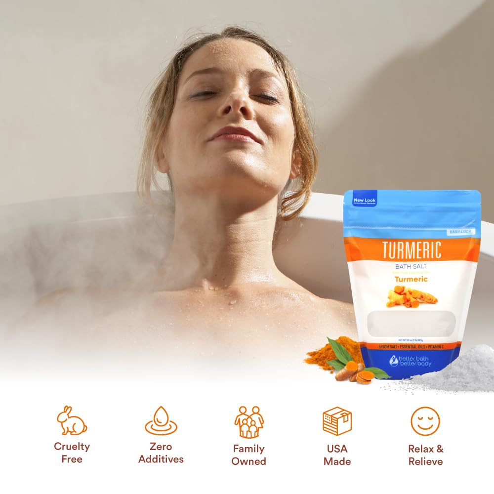 Turmeric Bath Salt 32 Oz Epsom Salt with Essential Oils Turmeric, Cinnamon, Orange Plus Vitamin C in BPA-Free Pouch with Easy Press-Lock Zipper | Beauty & Personal Care Better Bath Better Body