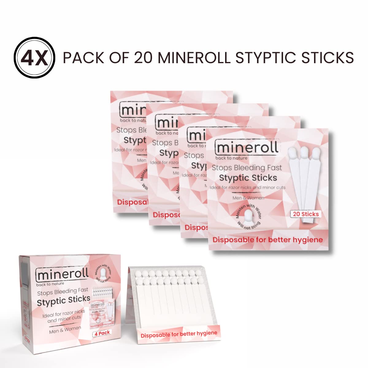 Mineroll Styptic Stick Shave Accessories (4-Packs, 80-Sticks) Stops Bleeding for Razor Nicks and Minor Cuts for Men & Women, Sanitary and Great Beauty and Personal Care MINEROLL