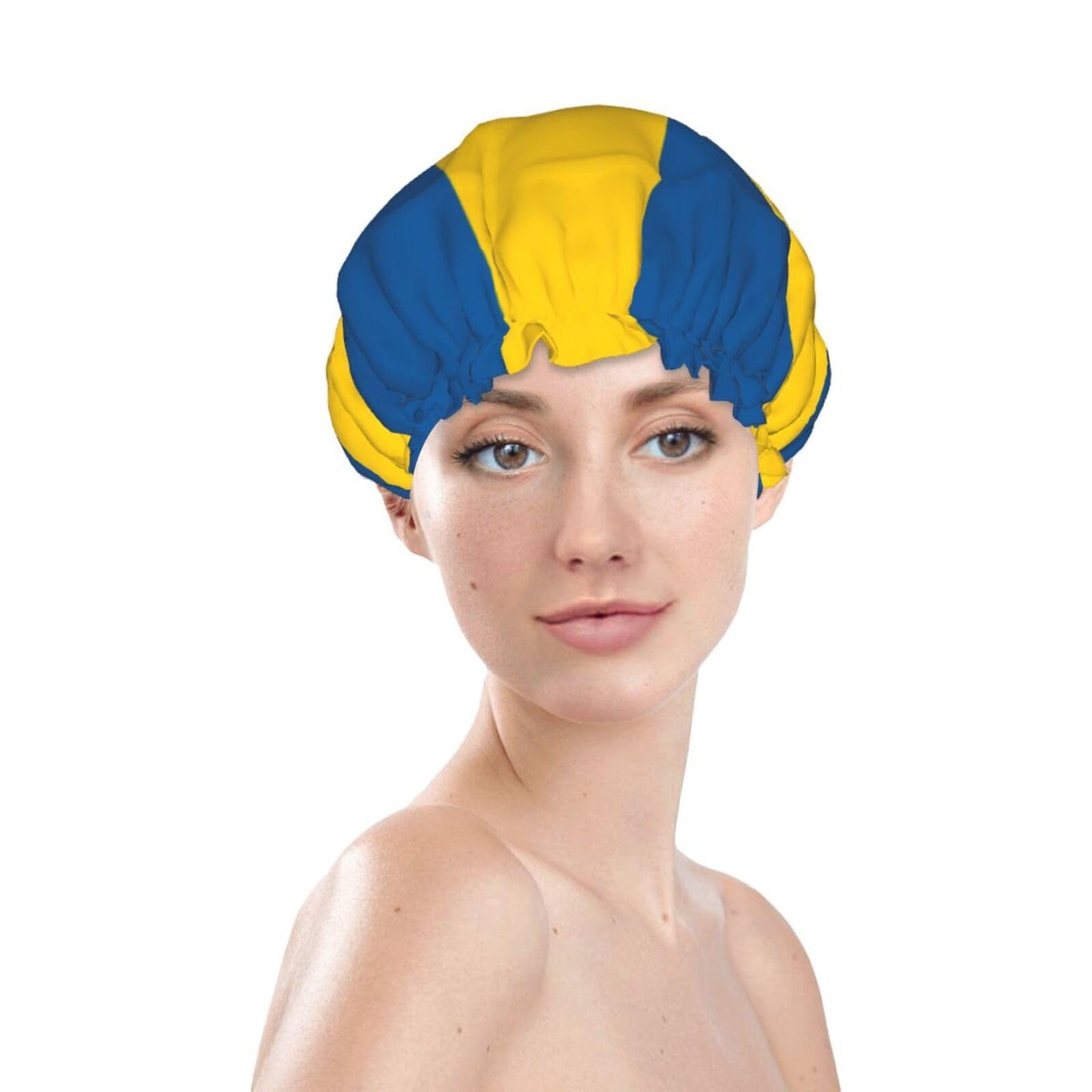 Swedish Flag Prints Shower Cap Double Layer Lined Waterproof Bathing Shower Hat Beauty and Personal Care Hayyett