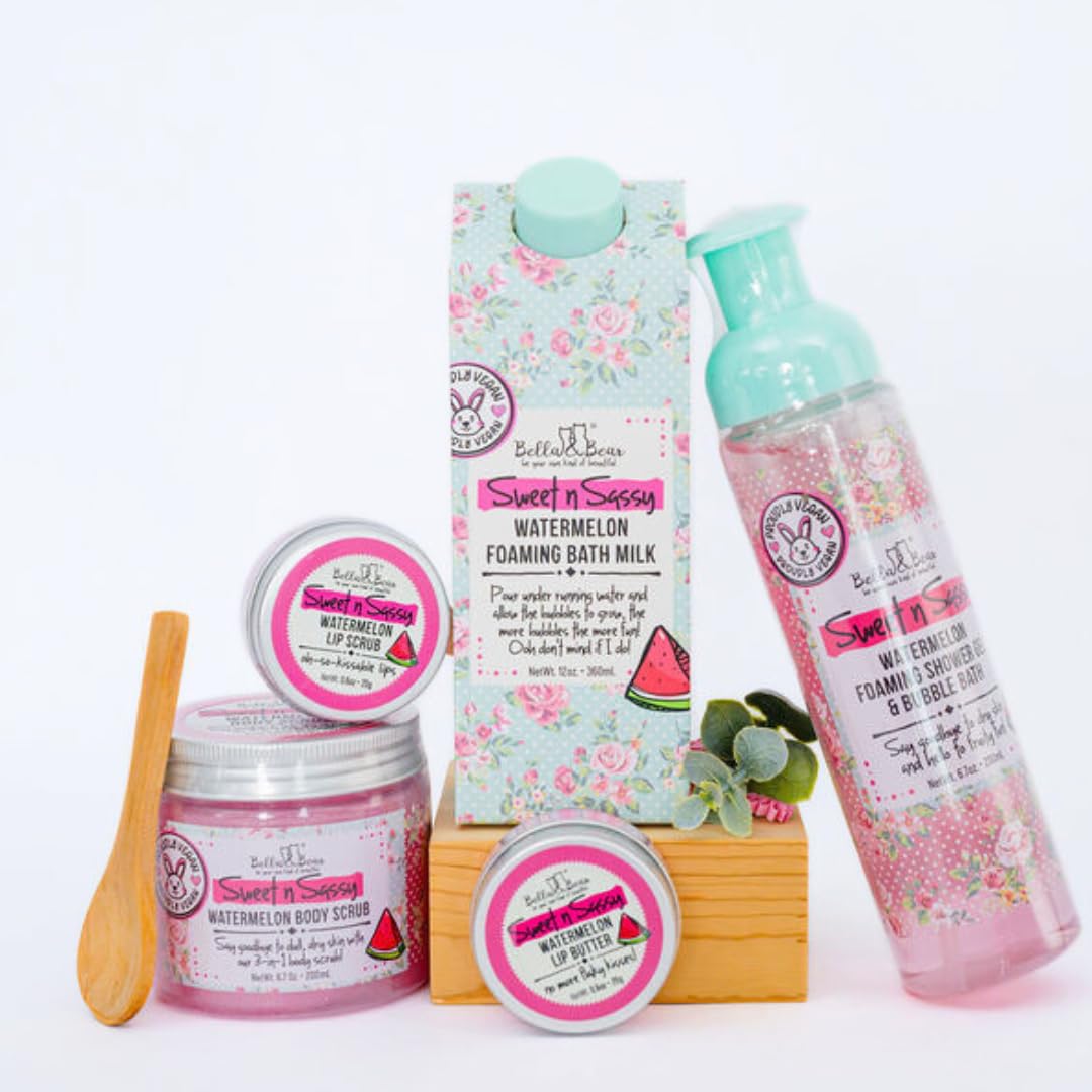 Bella & Bear Sweet 'n' Sassy Watermelon Mega Bath & Body Gift Set with Foaming Shower Gel & Bubble Bath, Bath Milk, Body Scrub & Lip Scrub and Lip Beauty and Personal Care Bella and Bear