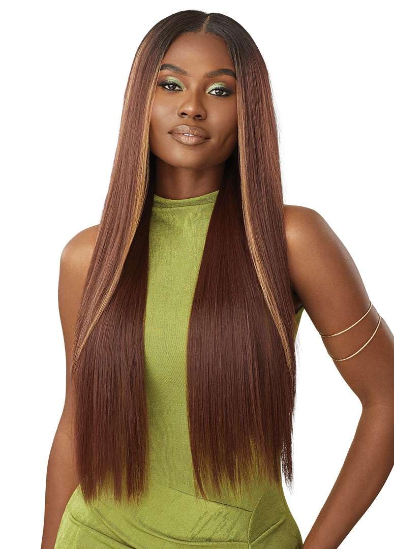 Outre 6X5 Pre-Cut Lace Closure Wig - Human Hair Blend - Sleek Yaki 30" (DARK BROWN 2)