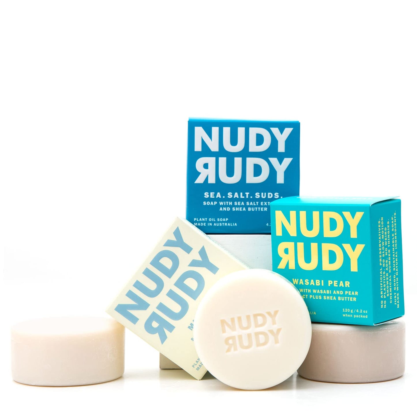 Nudy Rudy Bestie Bundle Bar Soap Pucks, Includes Milk Bar, Sea. Salt. Suds., Wasabi Pear, Made with Organic Shea Butter, Pure Plant Oils, Triple Beauty & Personal Care Nudy Rudy