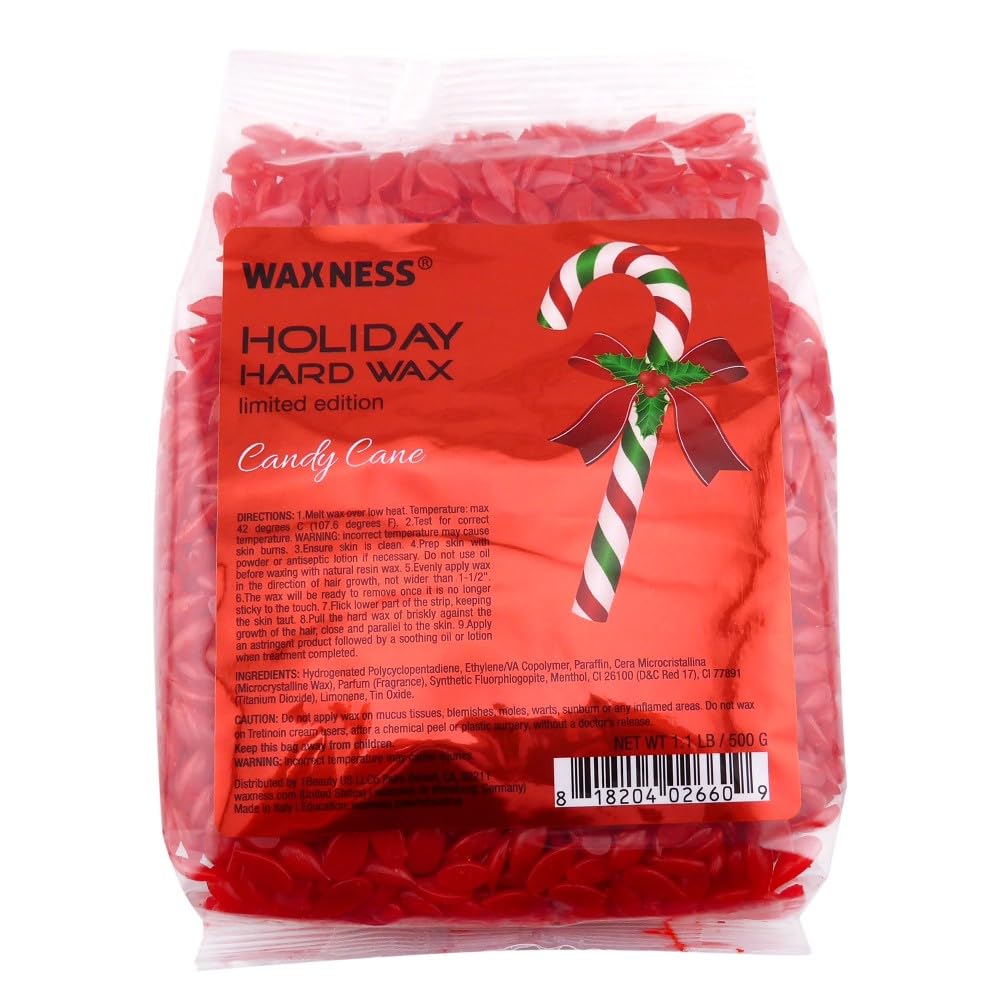 Waxness Candy Cane Wax - Holiday Limited Edition 1.1 lb (500 g) - Hard wax beads for hair removal - Peppermint Aroma - Synthetic formulation ideal Beauty and Personal Care Waxness