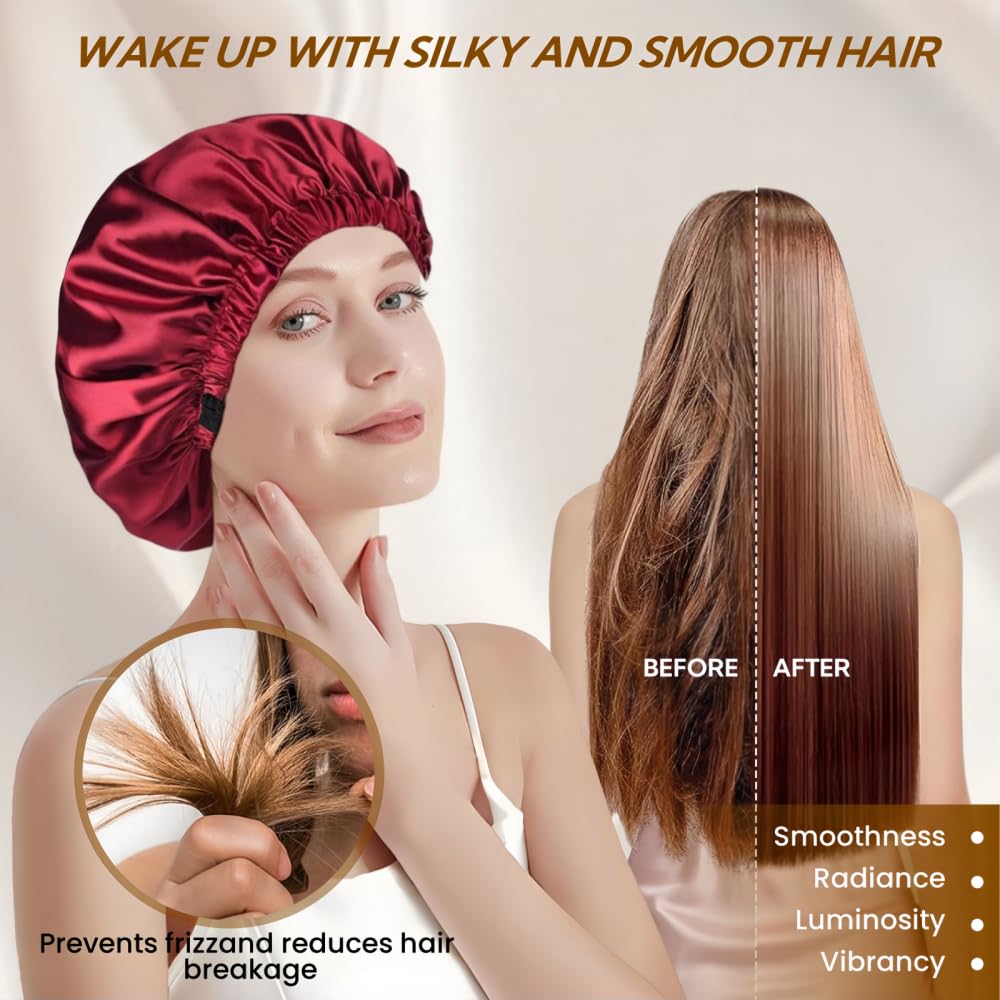 VECIIR Satin Bonnet Silk Bonnet for Sleeping Women and Men, Ajustable Hair Bonnet for Curly Hair with Double Layer Hair Bonnet,Wine red - Black,Medium Beauty and Personal Care VECIIR