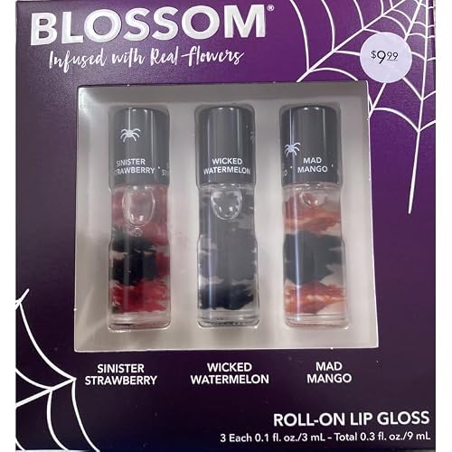 Blossom Scented Roll on Lip Gloss, Infused with Real Flowers, Made in USA, 0.3 fl. oz./9ml, 3 pack Mini Gift Set, Sinister Strawberry/Wicked Beauty & Personal Care Blossom