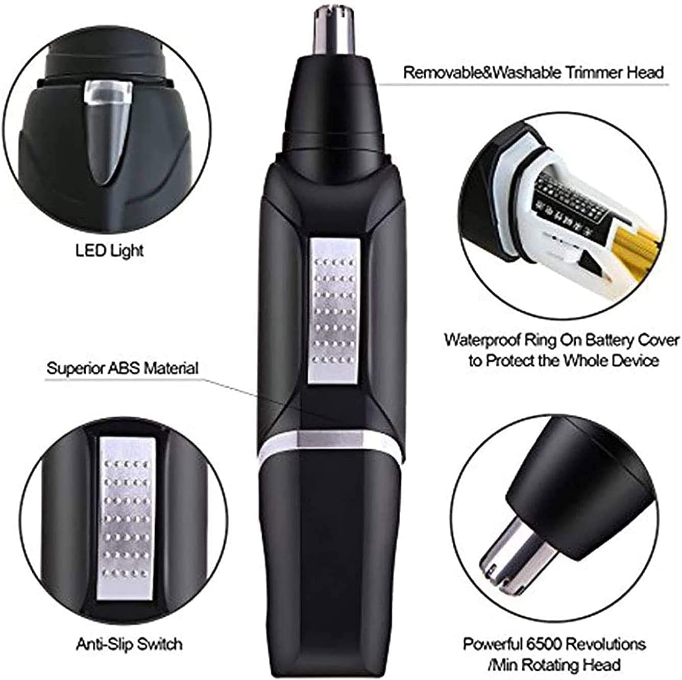 LEONYS Ear, Nose & Brow Trimmer Clipper - Painless Eyebrow & Facial Hair Trimmer for Men & Women, Battery Operated, Waterproof, Electric Groomer, Easy Beauty and Personal Care LEONYS