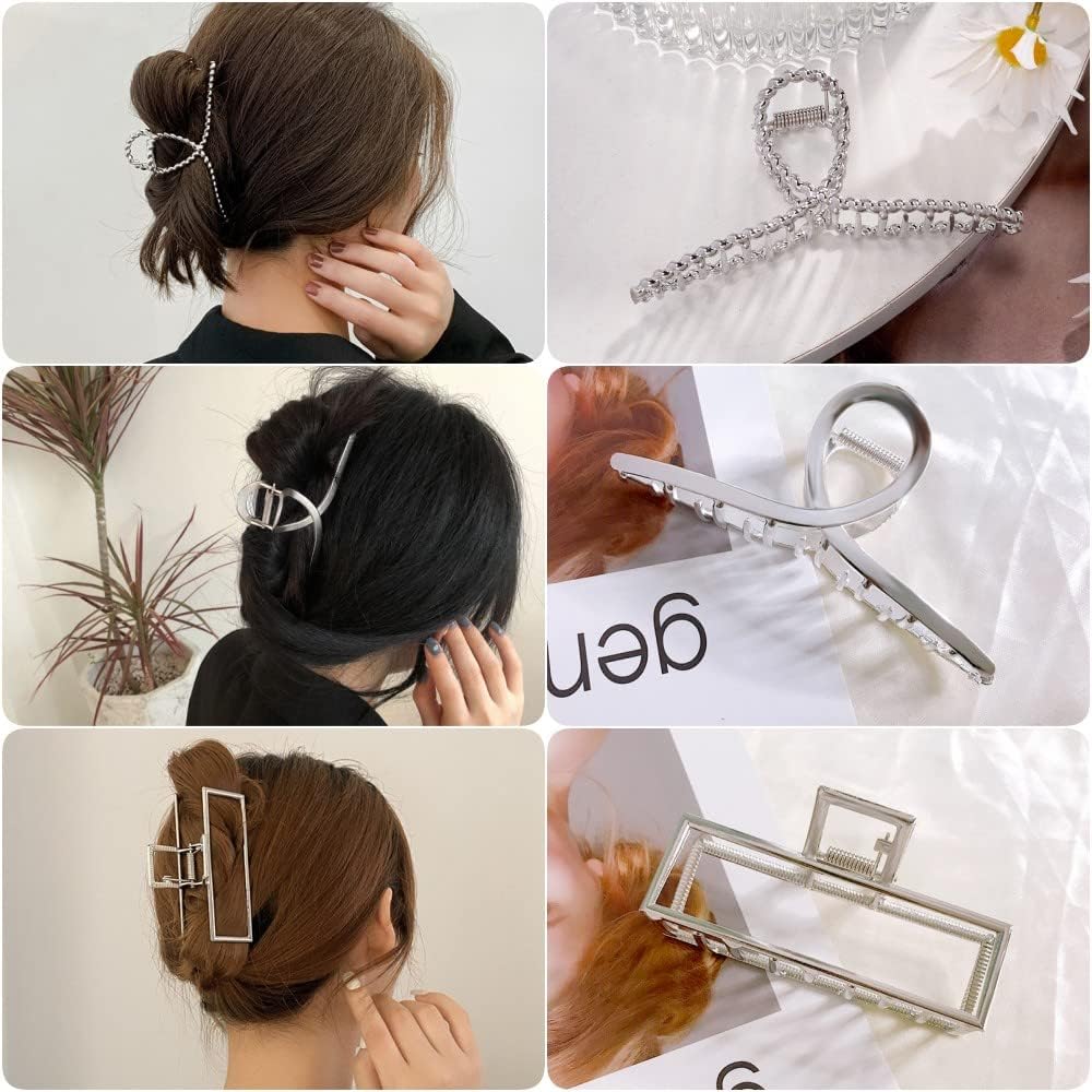3pcs Hair Claw clips for Women, Metal Silver Large Hair clips for Thick Thin Hair, Geometric Cross Square Jumbo Catch Barrette Clamps, Fashion Hair Beauty & Personal Care RAUIMOUR