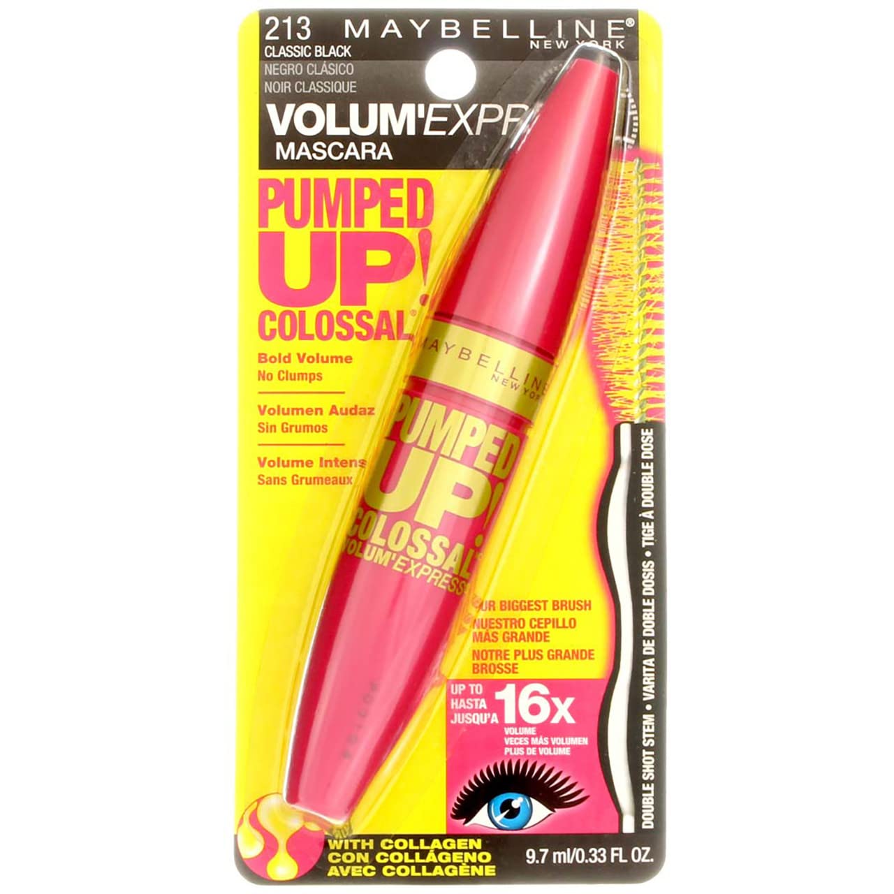Maybelline Volum' Express Pumped Up! Colossal Washable Mascara, Classic Black [213] 0.33 oz (Pack of 3) Beauty & Personal Care MAYBELLINE