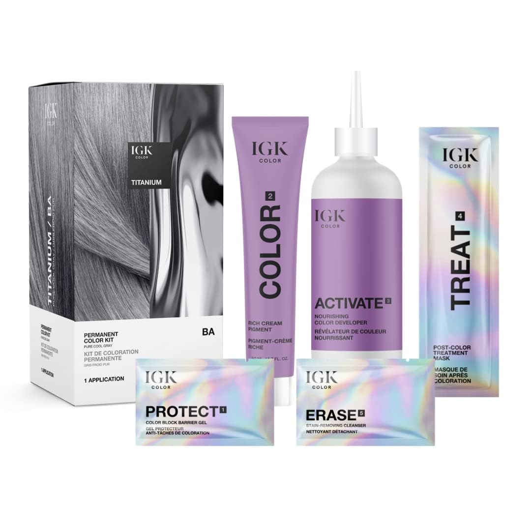 IGK Permanent Hair Dye Color Kit | BA Titanium - Pure Cool Gray | 100% Gray Color Coverage + Strengthen + Shine | Ammonia Free Beauty & Personal Care IGK